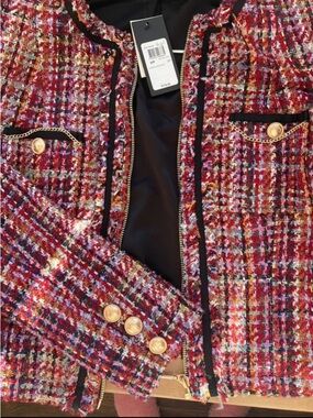 Guess Red Multi Tweed Zip-Front Jacket with Gold Chain Accents